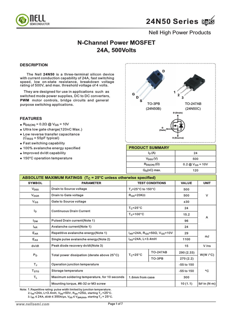 24N50 Series MOSFET Datasheet | PDF | Field Effect Transistor | Diode