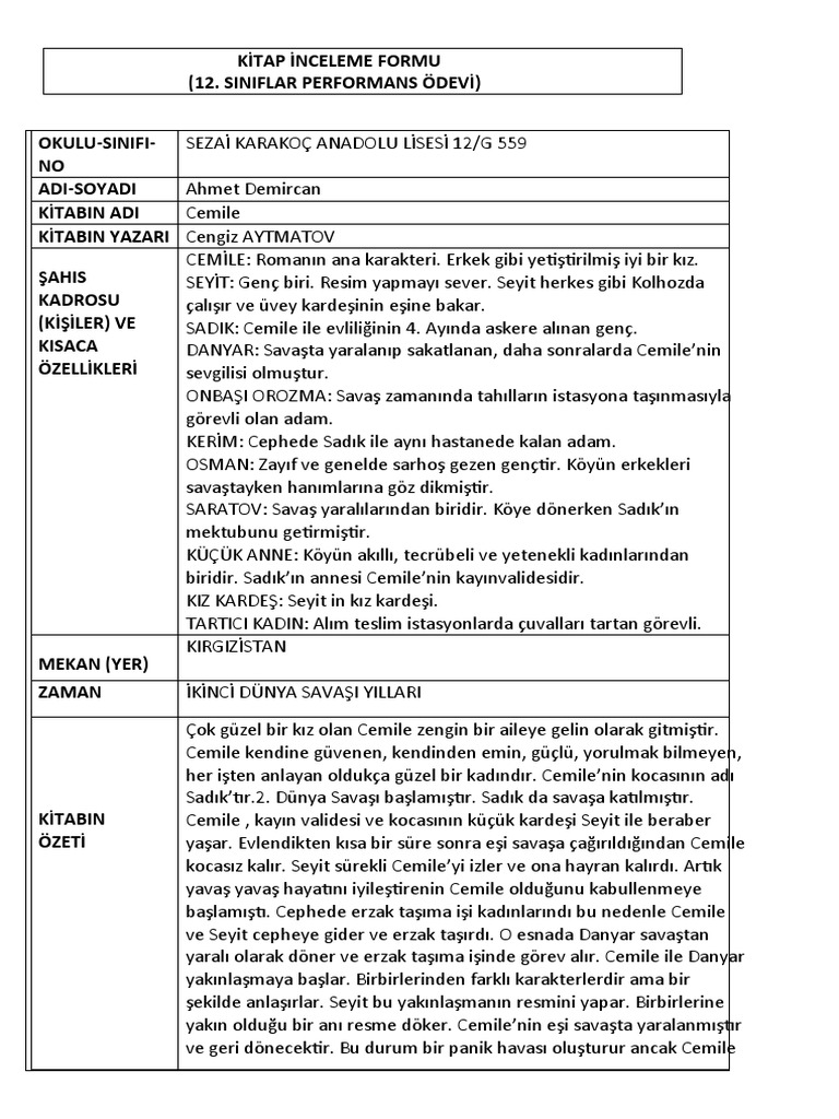 Cemile Kitap İnceleme Formu Ahmet Demircan Pdf