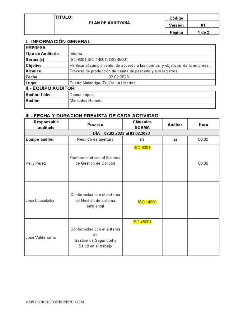Plan de Auditoría ISO 9001-45001 | PDF | Auditoría | Business