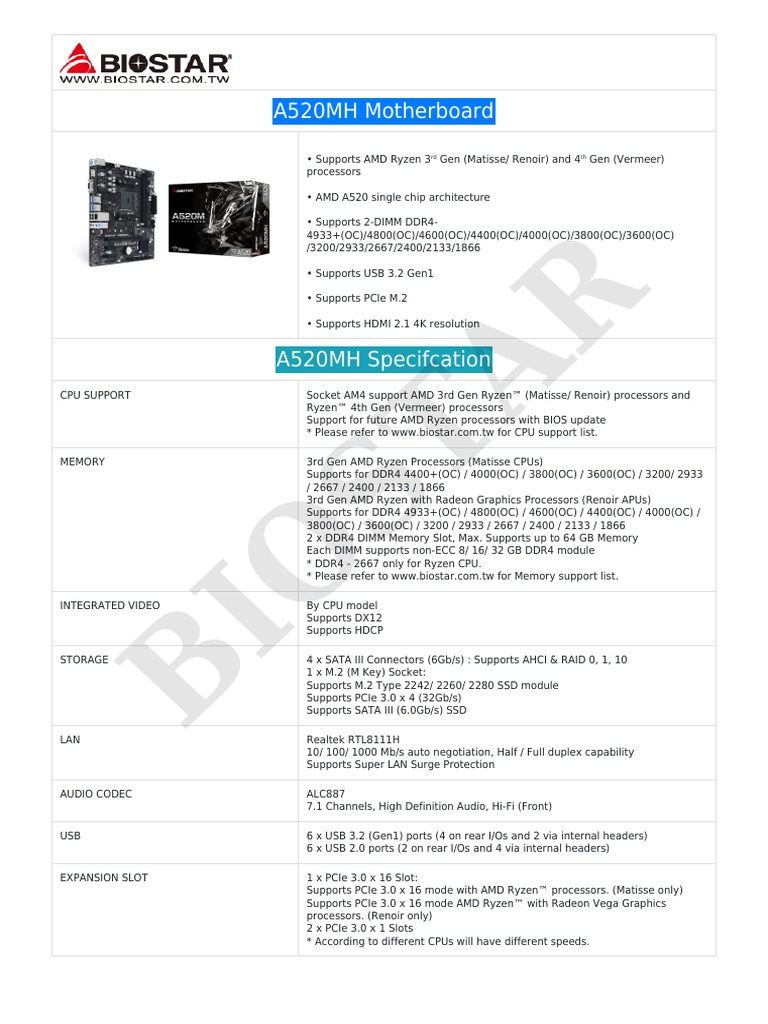 Biostar A520mh Spec | PDF | Usb | Bios