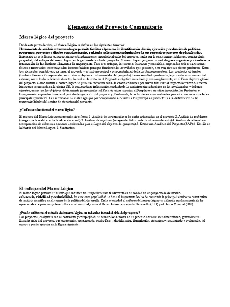 Elementos de un Proyecto Comunitario | PDF | Análisis FODA | Evaluación