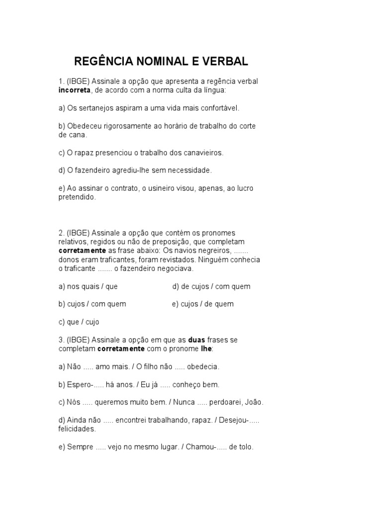100 exercícios REGÊNCIA NOMINAL E VERBAL | PDF | Pronome
