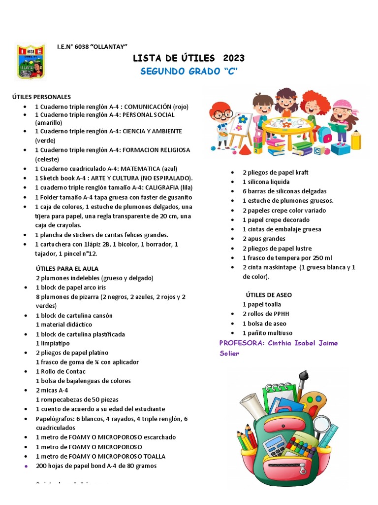 Lista de Útiles Escolares 2023 - 2° Grado C | PDF | Materiales de ...