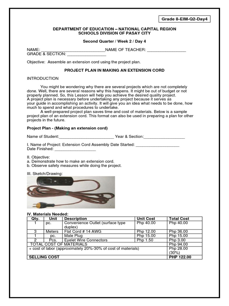 Extension Cord Assembly Project Plan | PDF | Electrical Connector ...