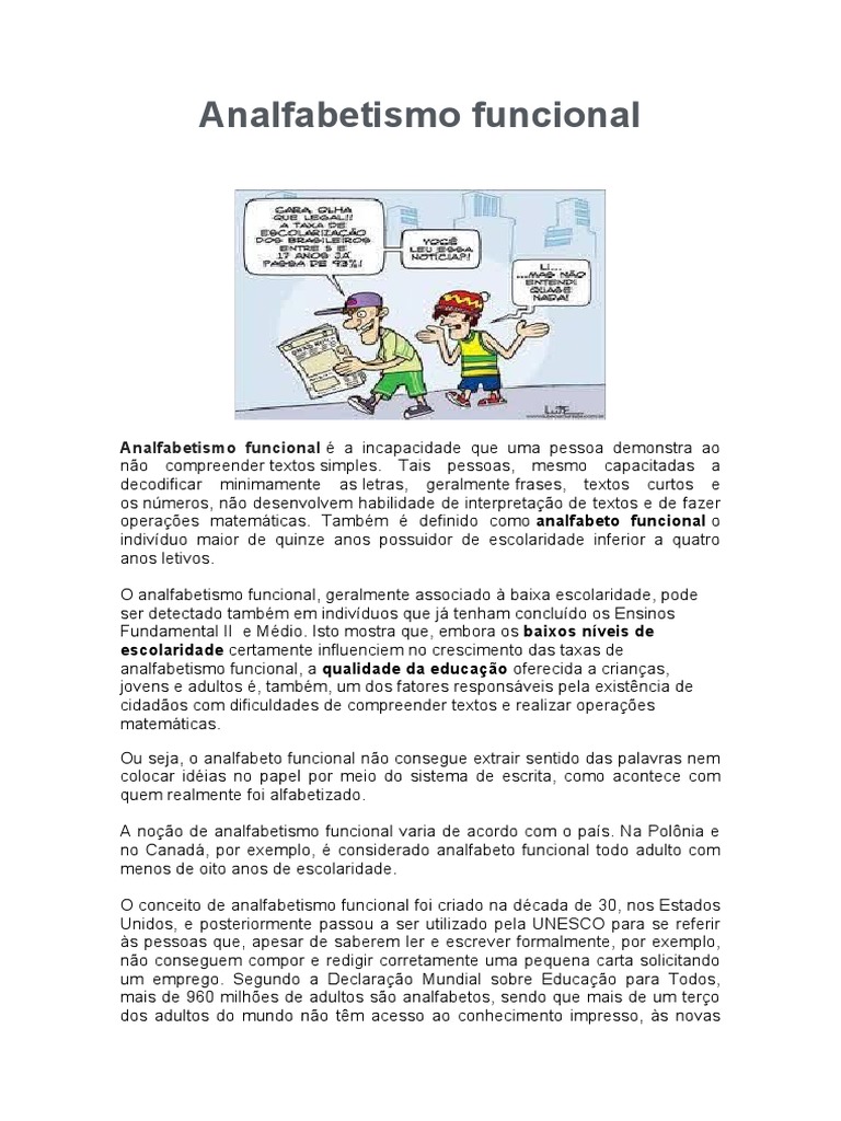 Analfabetismo Funcional Pdf Alfabetização