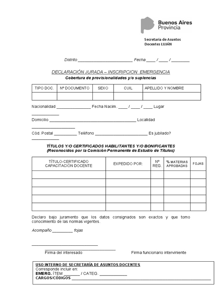 Declaración jurada para cobertura de cargos docentes provisionales | PDF