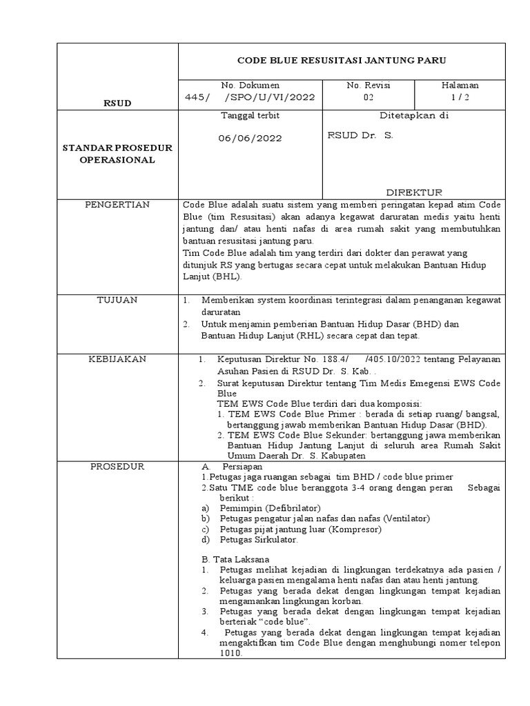 Spo Code Blue Resusitasi Jantung Paru | PDF