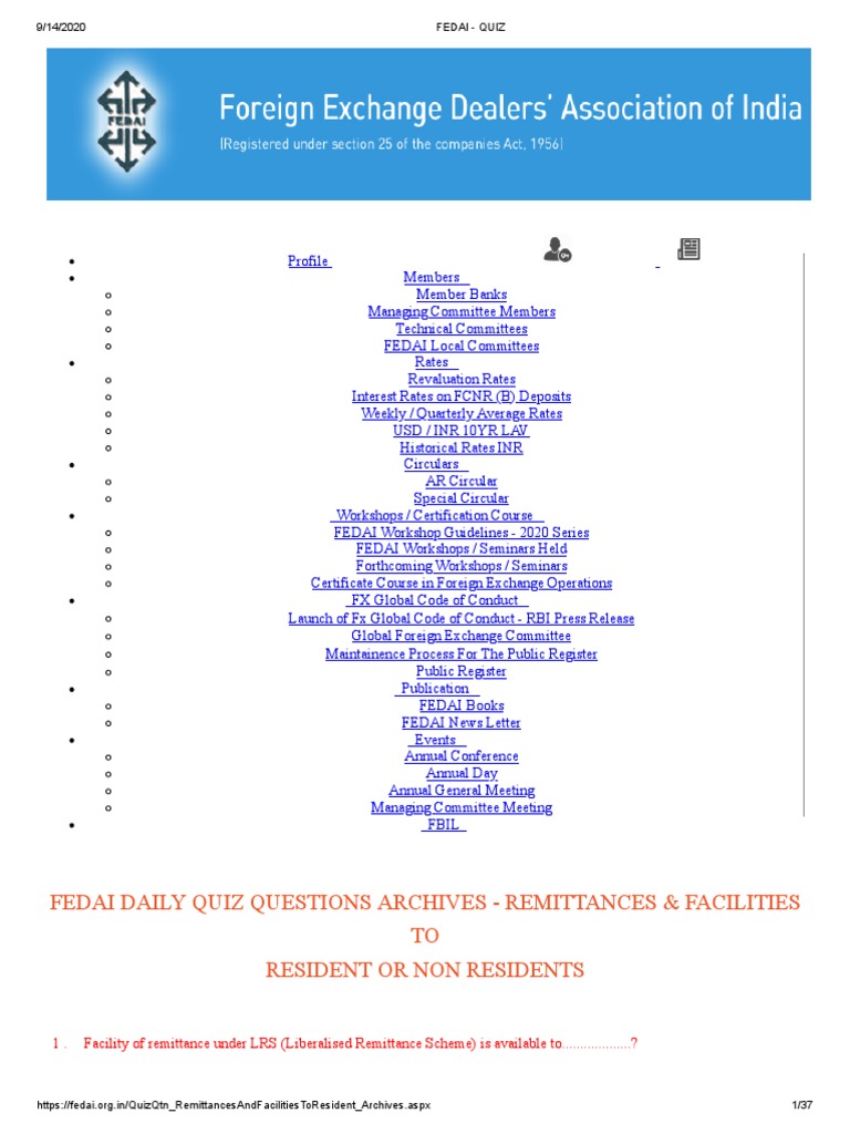 Fedai - Quiz Remittance | PDF | Reserve Bank Of India | Banks