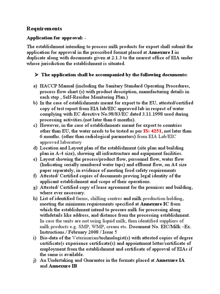 Requirements for Establishments Seeking Approval to Process Milk Products for Export