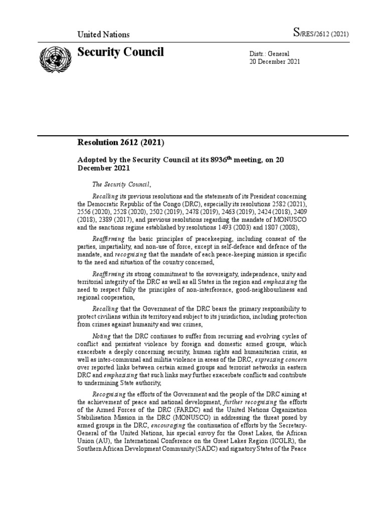 UN Security Council Resolution 2612 DRC | PDF | Internally Displaced ...