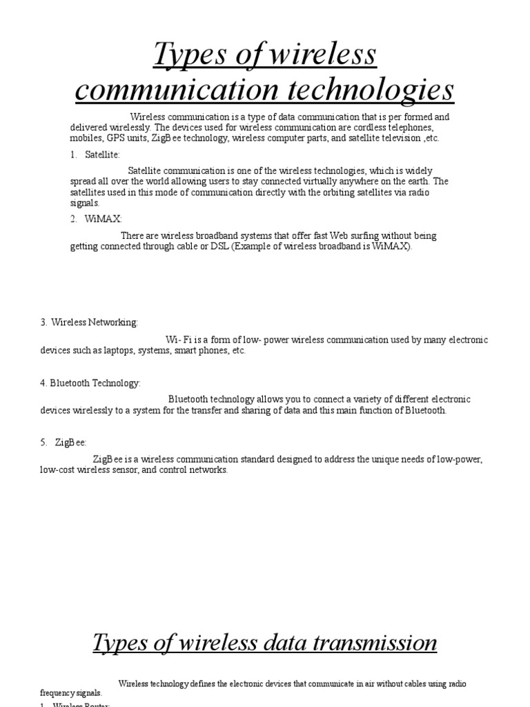 Types of wireless communication technologies.pptx PDF Wireless Radio