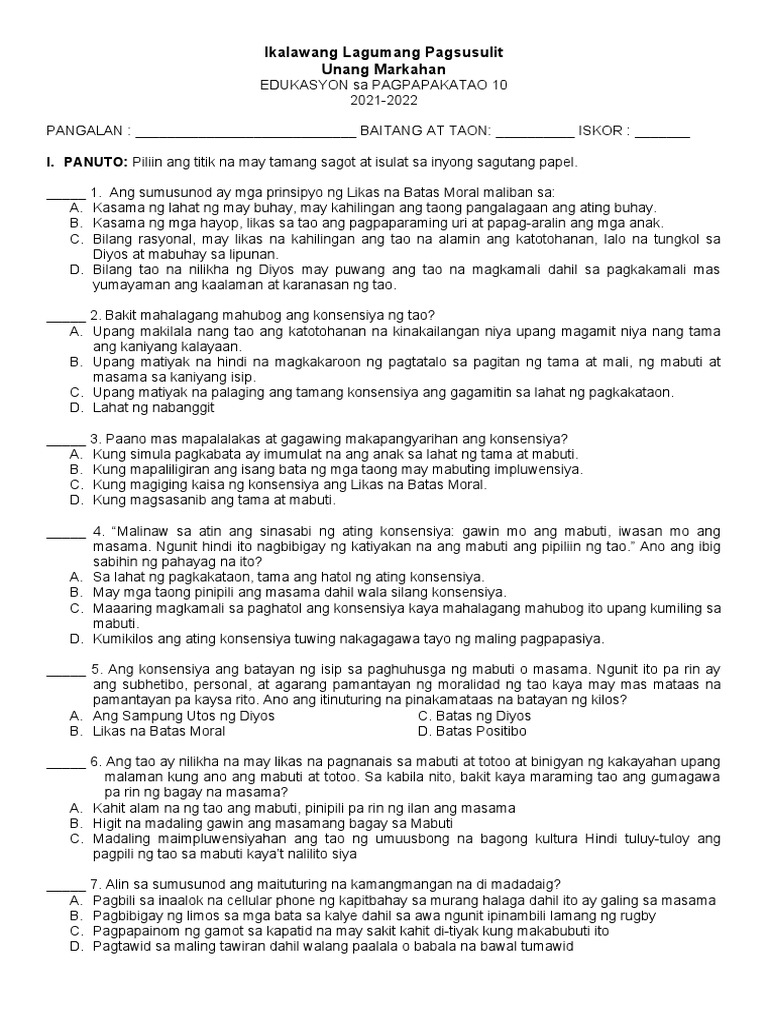 2nd Summative Test EsP 10 1ST Quarter | PDF