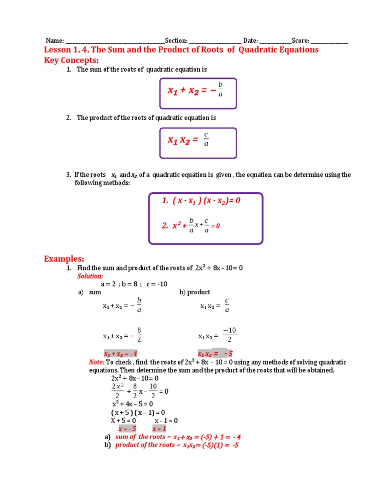 Lesson 1 4 the sum and product of the roots of a quadratic equation pdf
