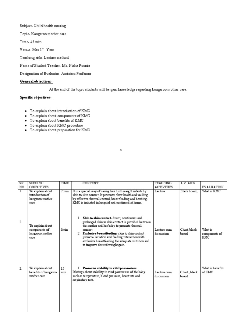 Lesson Plan On KMC PDF Breastfeeding Breast Milk