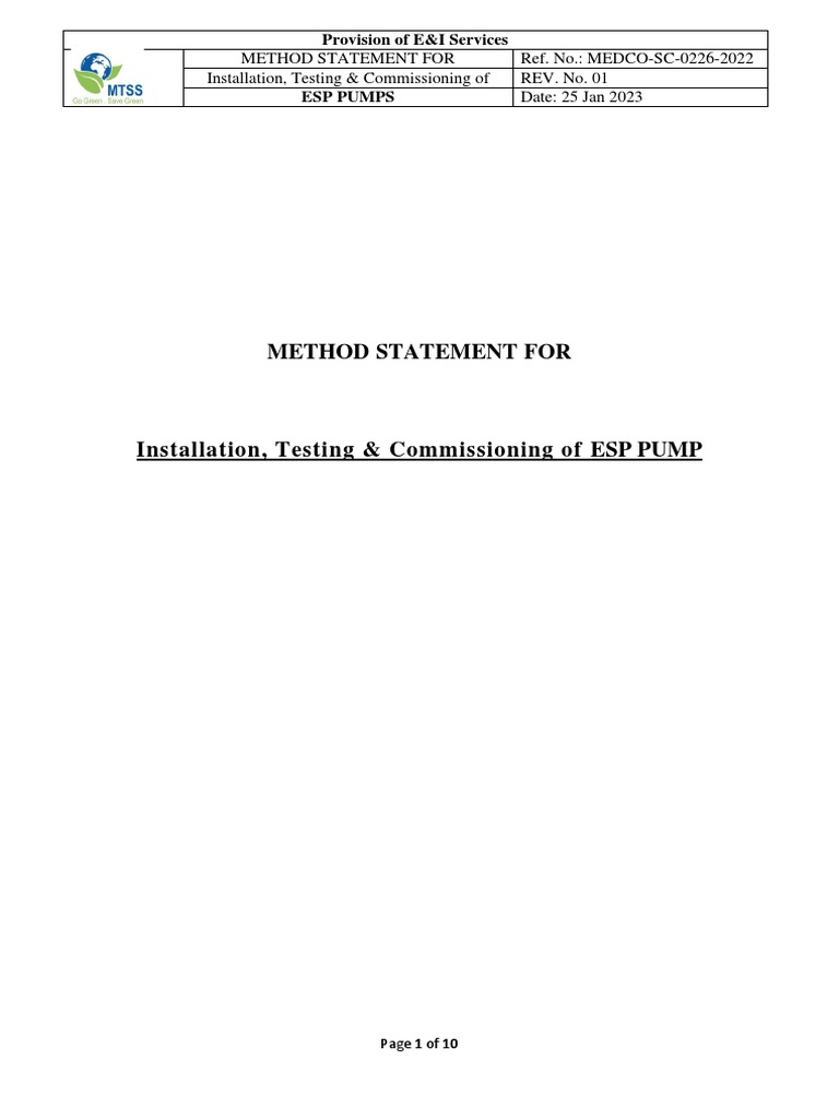ESP Pump Installation Method Statement | PDF | Pump | Quality Assurance