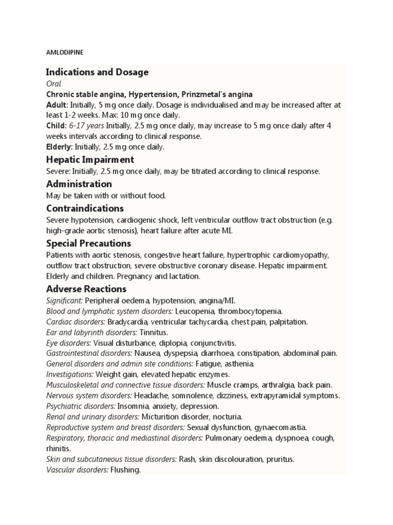 Amlodipine Indications, Dosage, Interactions & Side Effects | PDF