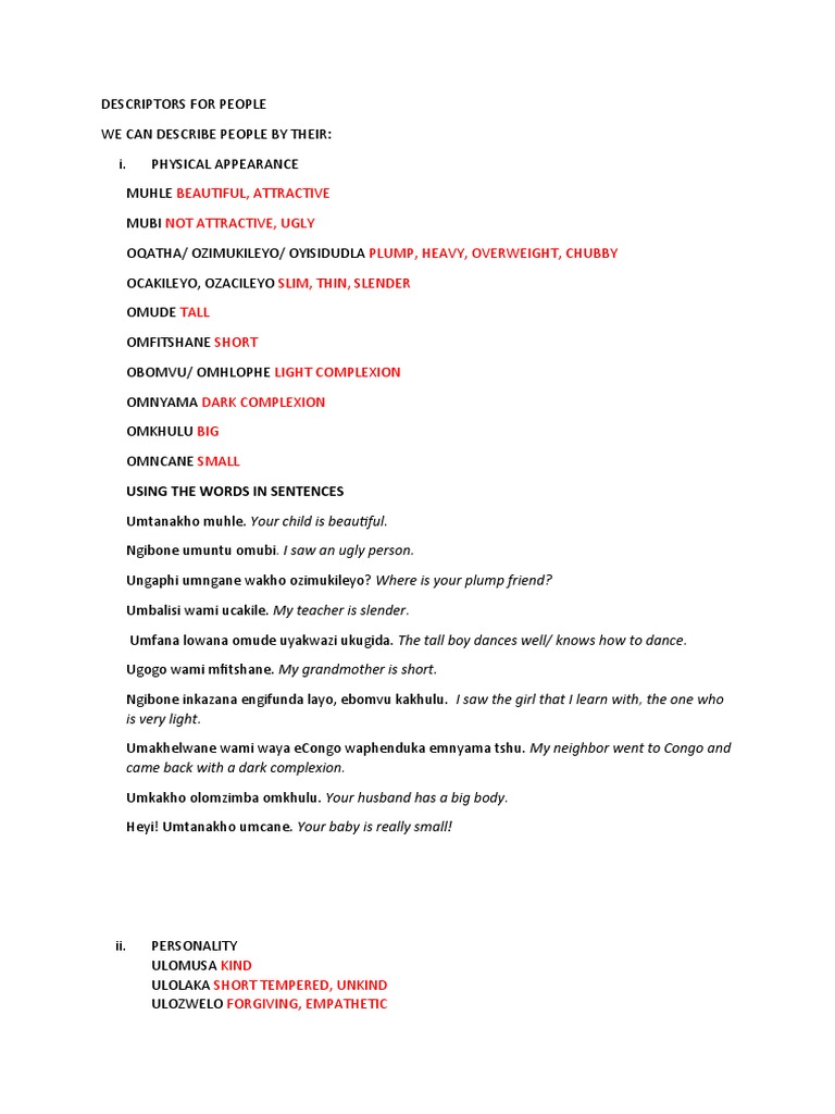 Descriptors for Describing People's Physical Appearance, Personality