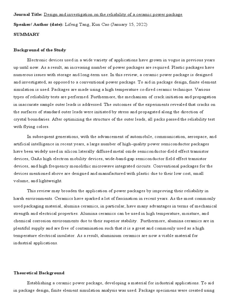 REVIEW PAPER Design and Investigation On The Reliability of A Ceramic