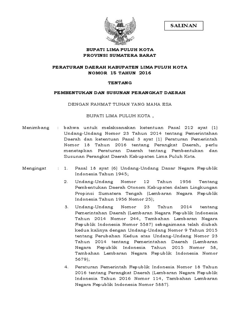 Perda Pembentukan Perangkat Daerah Lima Puluh Kota | PDF