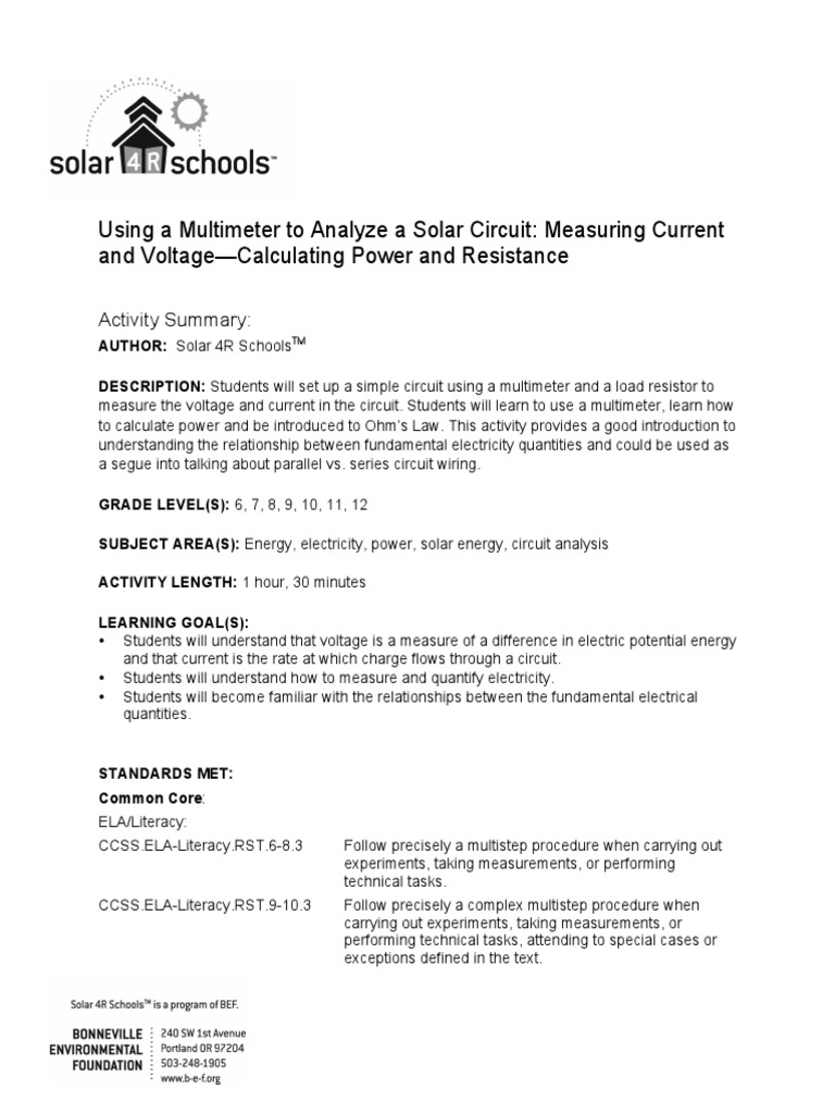 Using A Multimeter Lesson Plan PDF Voltage Electric Current