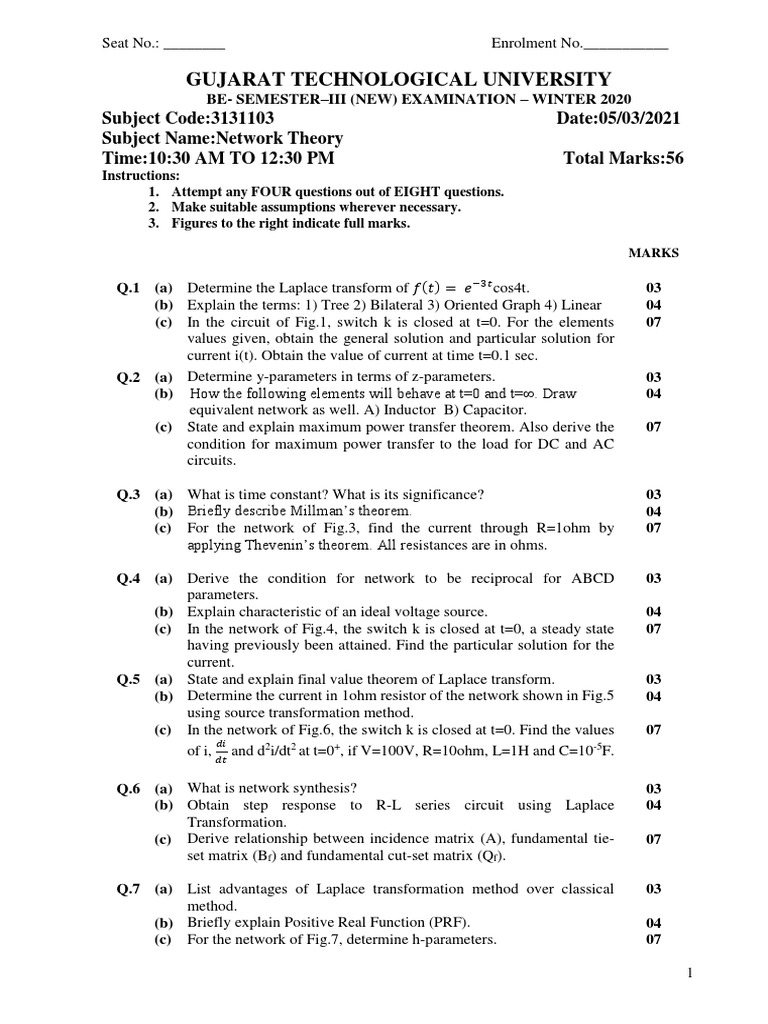 Netwok theory pyq gtu pdf electrical network electrical engineering