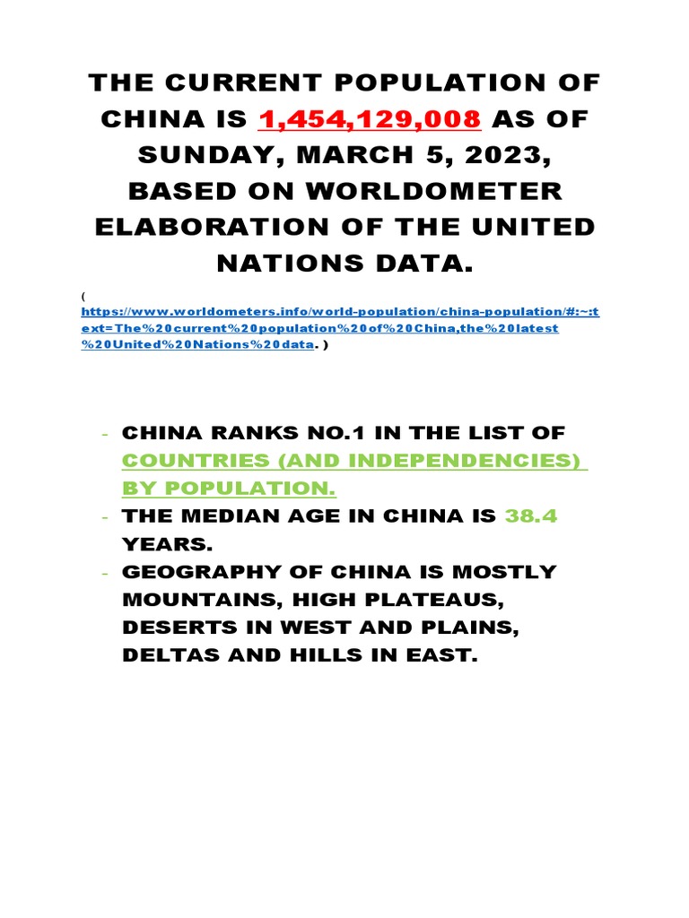 The Current Population of China Is 1 PDF