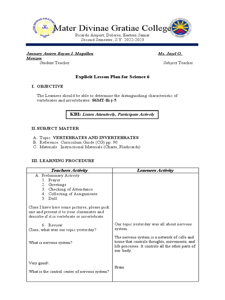 Explicit Teaching Sample Lesson Plan