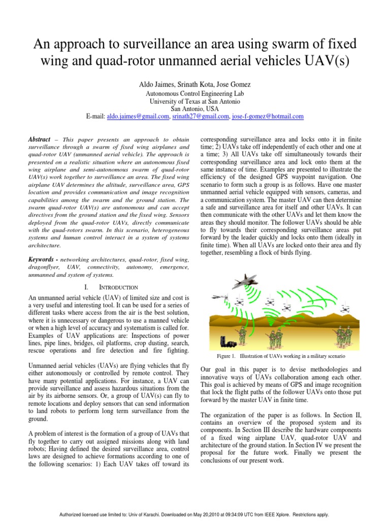 An Approach To Surveillance An Area Using Swarm of Fixed Wing and Quad
