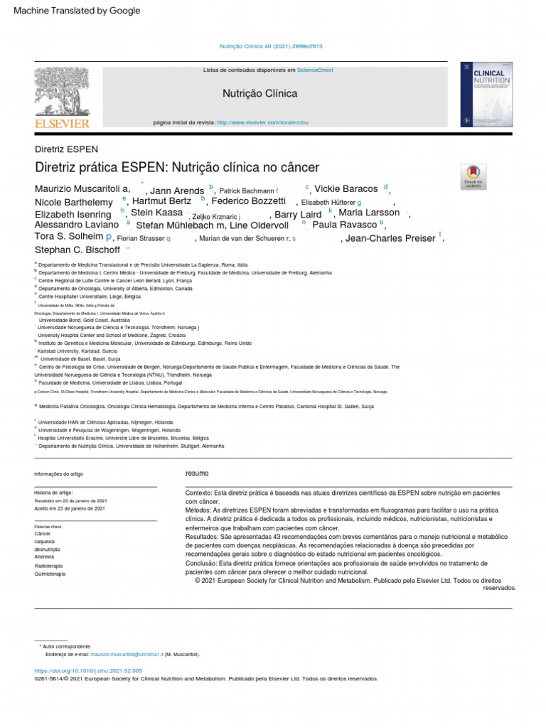 ARENDS J ET AL ESPEN GUIDELINES ON NUTRITION IN CANCER PATIENTS CLINICAL NUTRITION intelligence overview