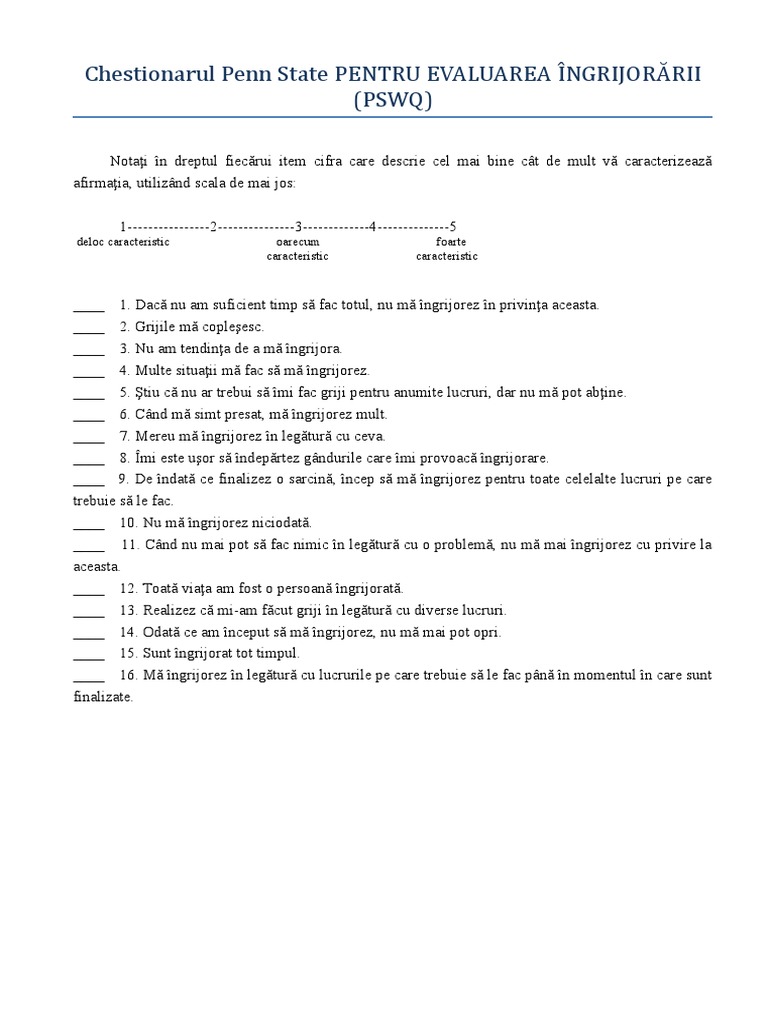 Penn State Worry Questionnaire | PDF