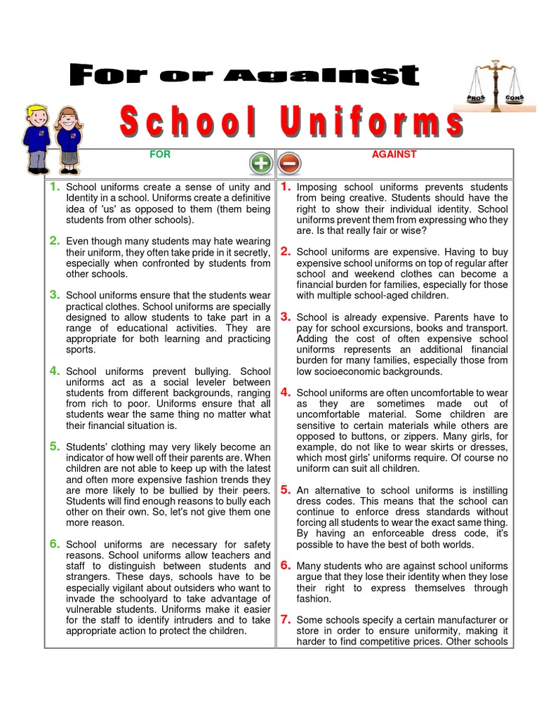 For or Against School Uniform Reading PDF Teachers Dress