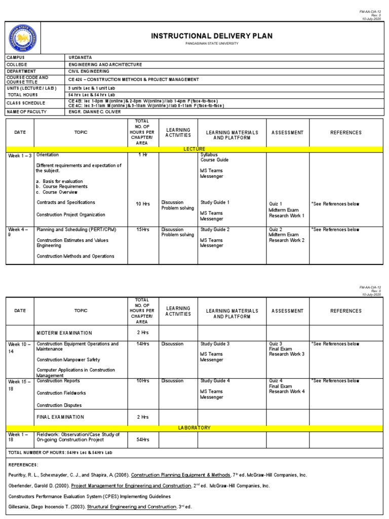 CE 426 Construction Methods Plan | PDF | Cognition | Learning