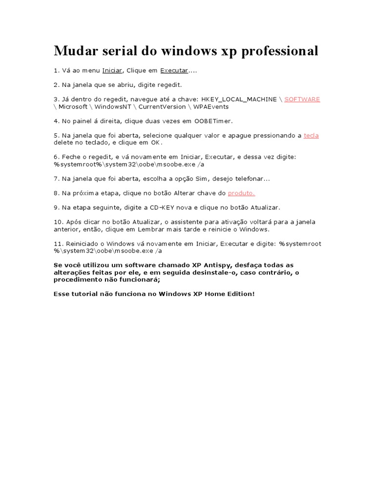 Alterar Serial do Windows XP Professional | PDF | Computadores