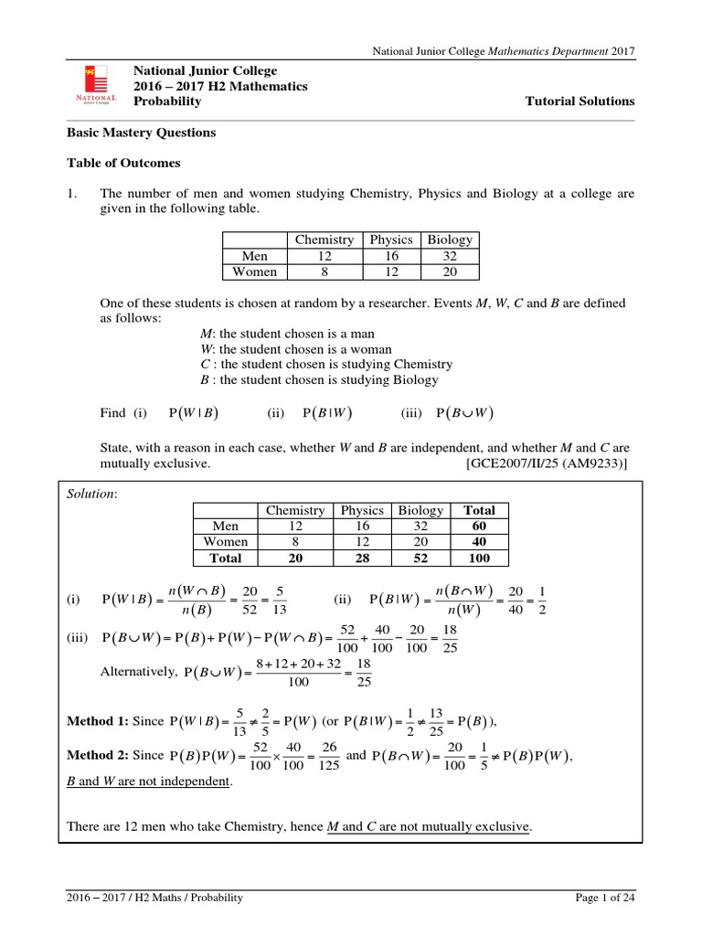 2016 - 2017 H2 Maths Probability Tut Solns Final | PDF | Mathematics ...