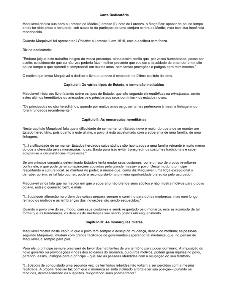 Resumo Por Capitulo Do Livro O Principe De Maquiavel