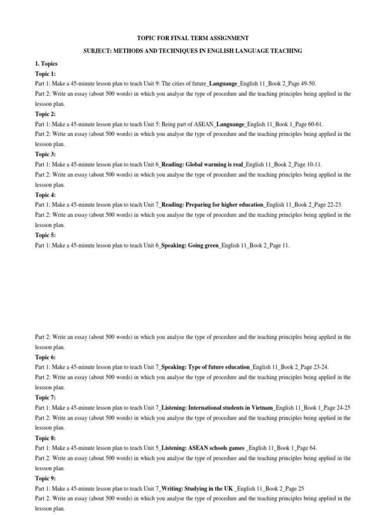 English Language Teaching Assignment Guide | PDF | Lesson Plan | Learning