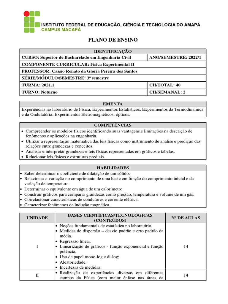FÍSICA EXPERIMENTAL II - PLANO DE ENSINO e CRONOGRAMA DE AULAS - 2022 ...