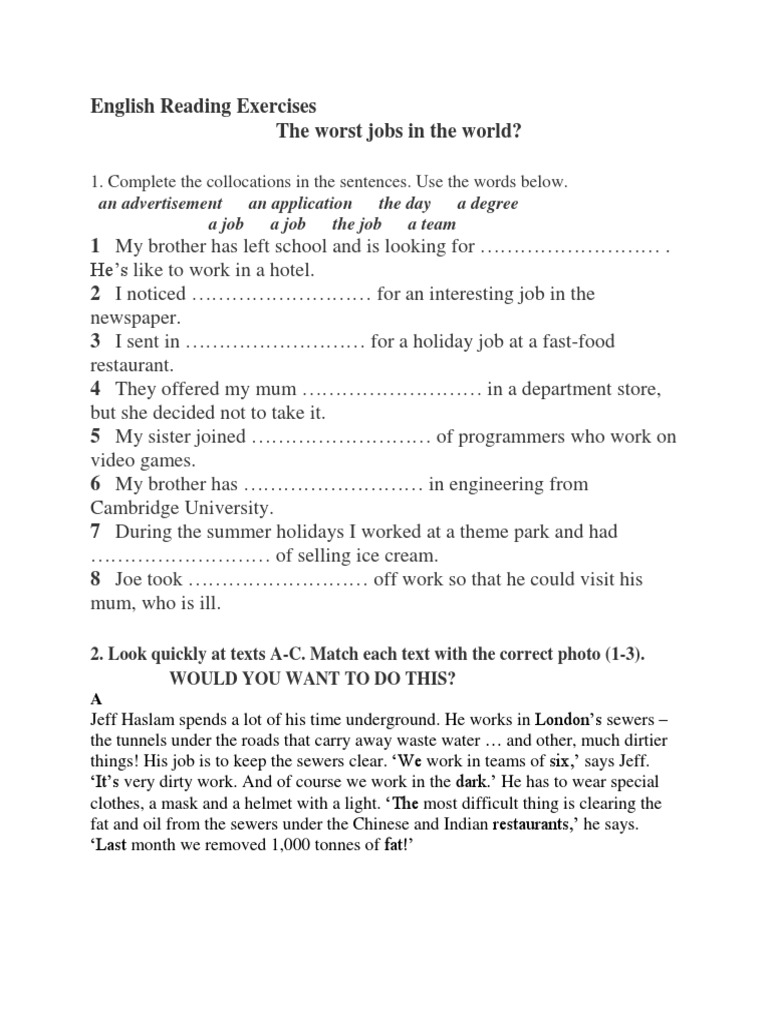 English Reading Exercises on Jobs | PDF | Games & Activities | Language ...