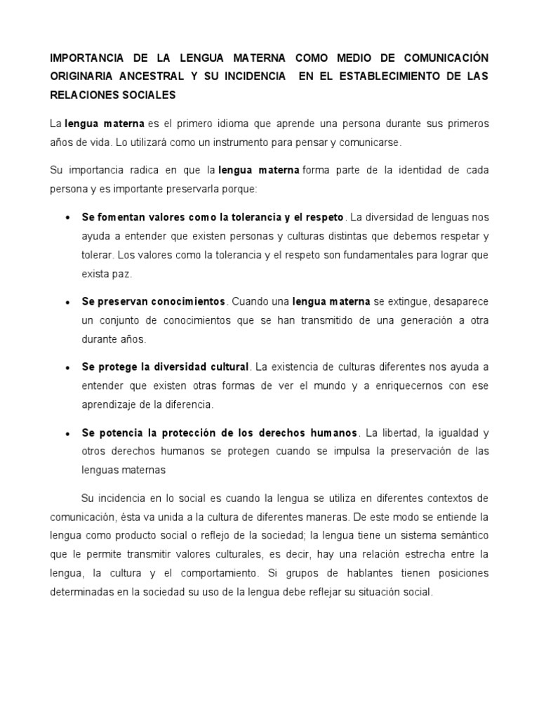Importancia de la Lengua Materna | PDF | Aprendizaje | Amamantamiento