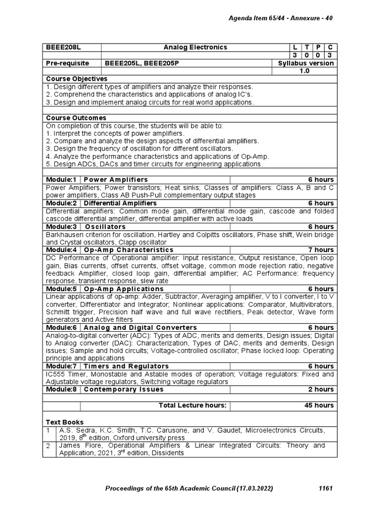 Analog Electronics Course Syllabus Covering Power Amplifiers