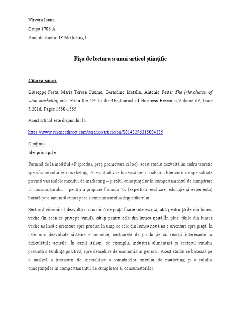 Fișă de Lectura A Unui Articol Științific: Citarea Sursei | PDF