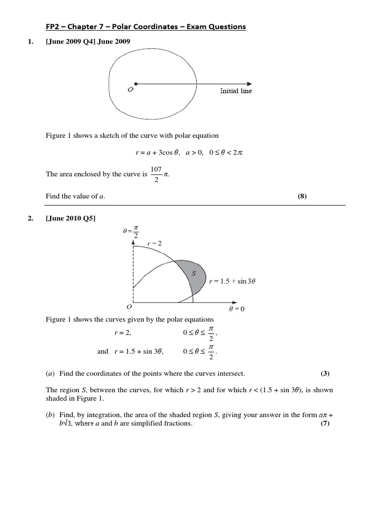Polar Coordinates Exam Questions | PDF | Equations | Tangent