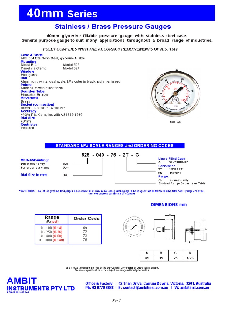 40mm Gauge Data Sheet Rev 2 PDF PDF Pressure Measurement