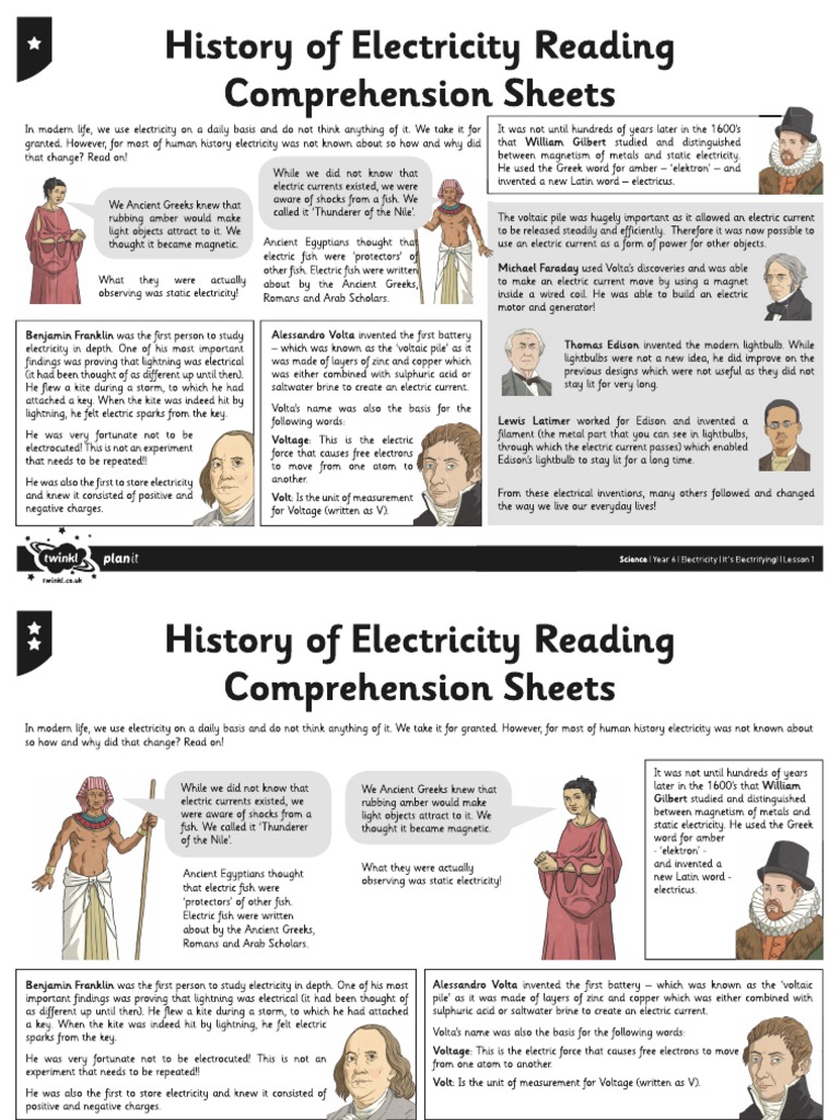 History of Electricity Comprehension Sheet PDF