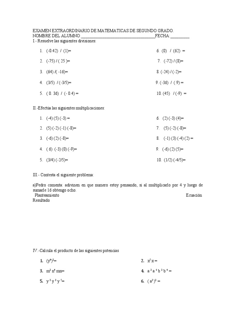 Examen Extraordinario de Matematicas de Segundo Grado | PDF | Geometría ...