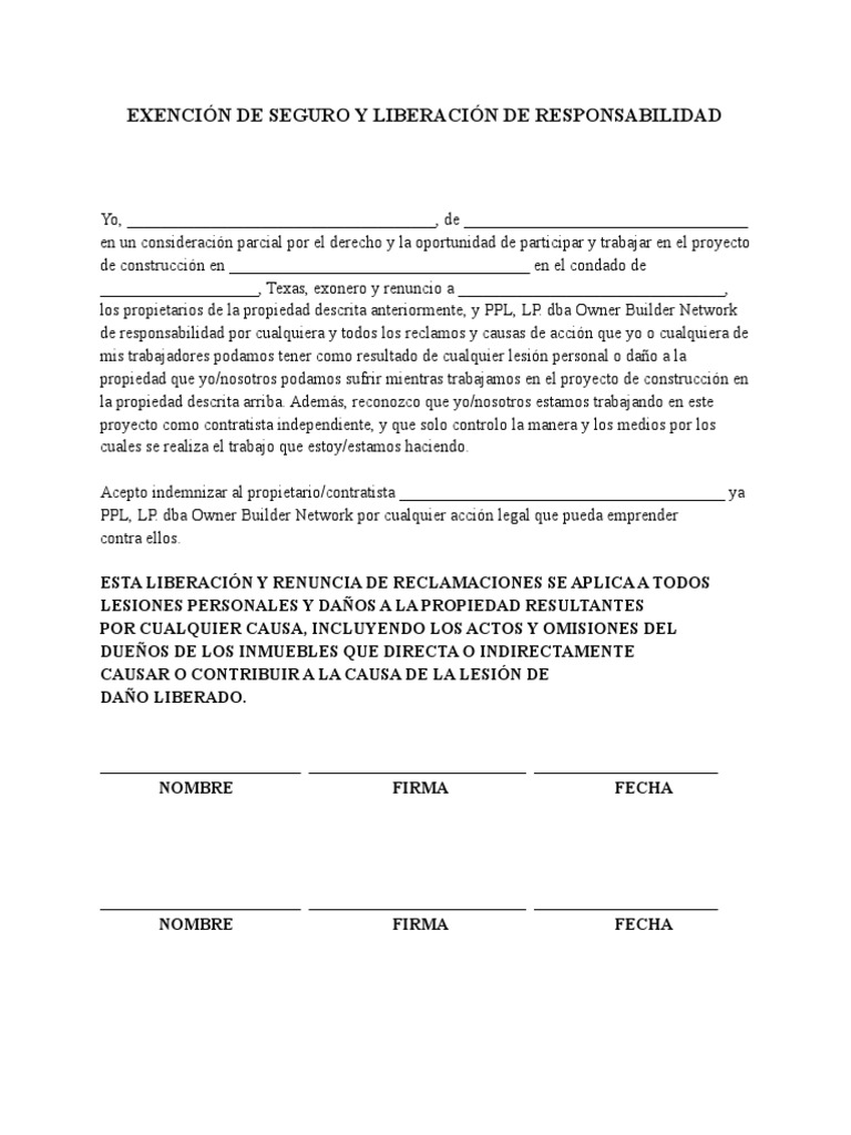 INSURANCE WAIVER AND RELEASE OF LIABILITY (Spanish) PDF