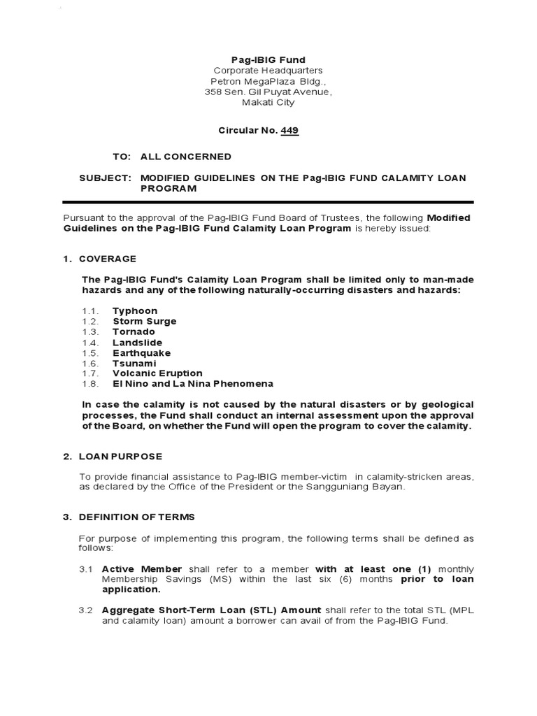 Pag-IBIG Calamity Loan Guidelines | PDF | Loans | Interest