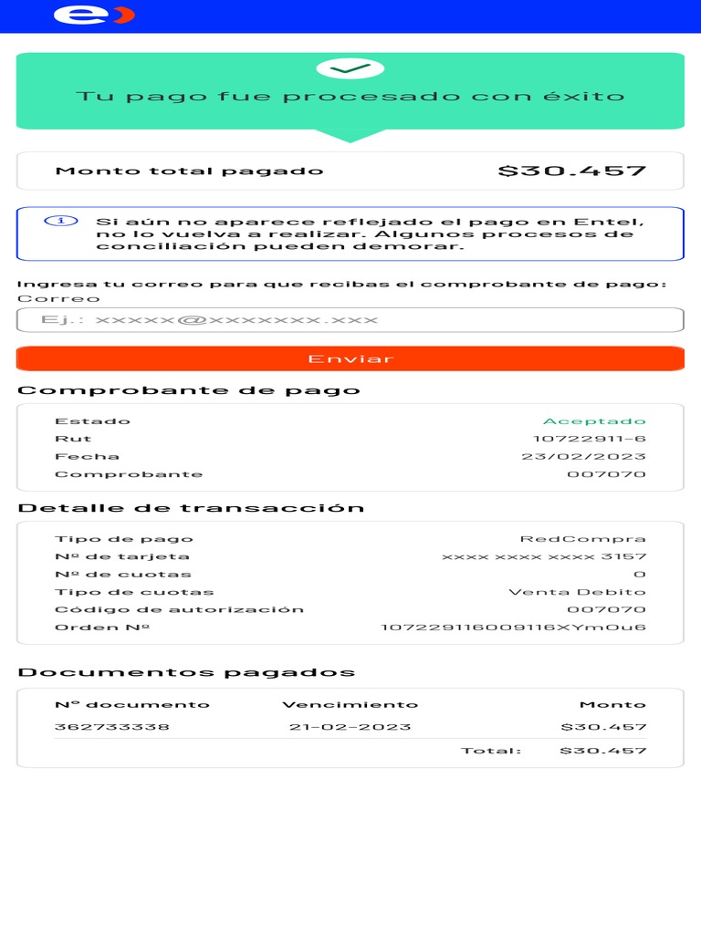 Pago exitoso en línea de Entel | PDF