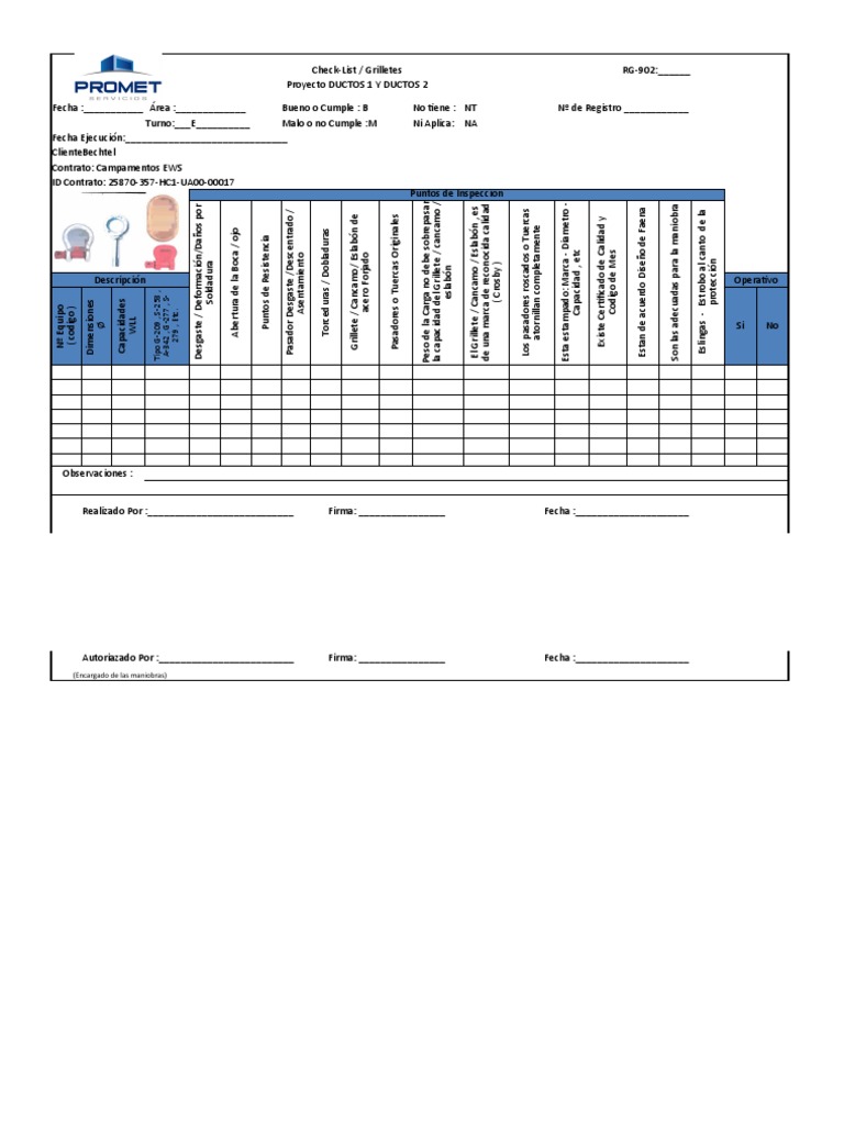 Check-List de Grilletes RG-902 | PDF | Ingeniería mecánica | Materiales