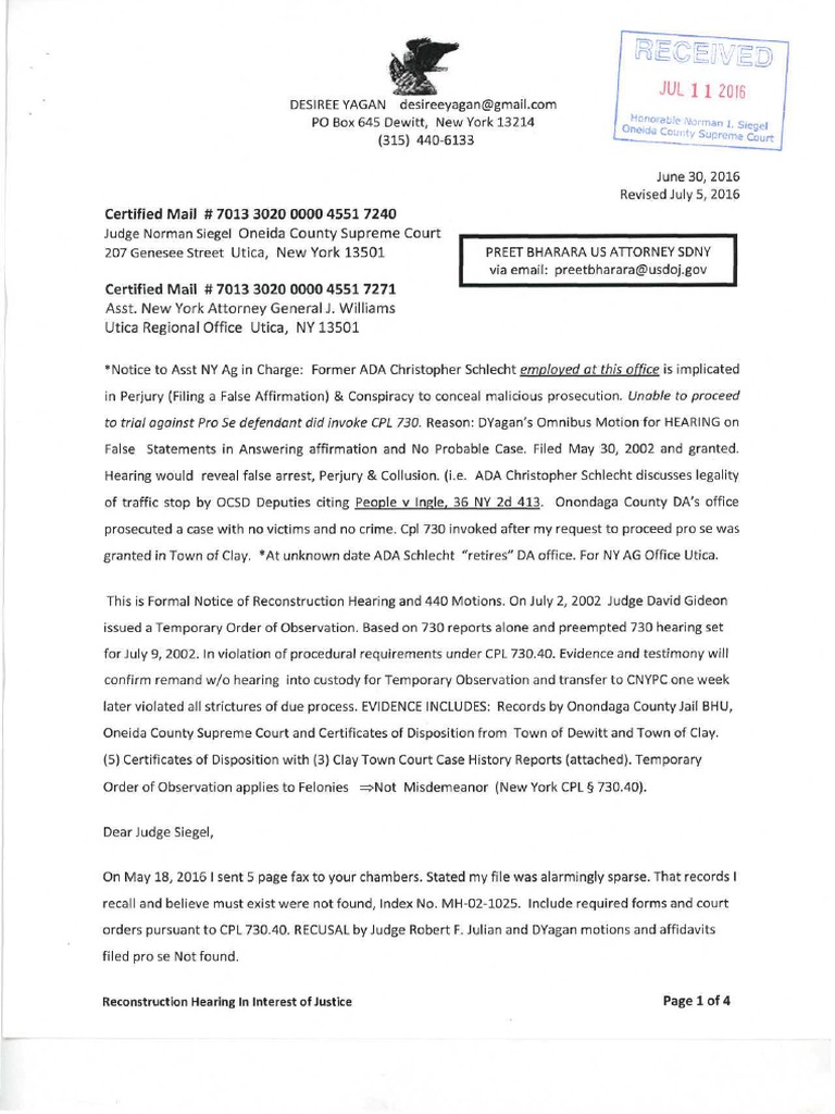 To Judge Siegel Oneida County Supreme Court (2016) CC Bharara US Attorney  (SDNY) | PDF | Pro Se Legal Representation In The United States | Prosecutor